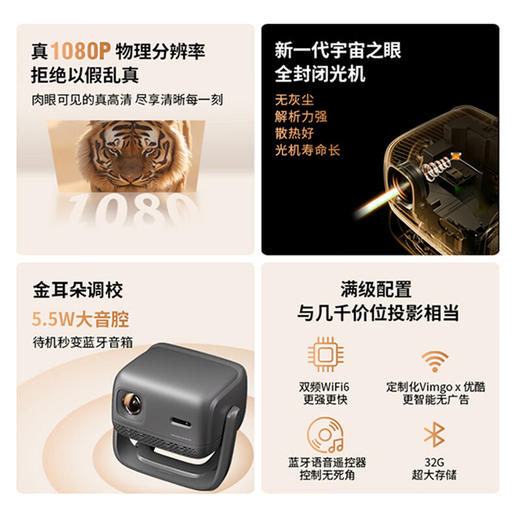 微果（VIMGO）V7_Pro云台家用投影仪1080P客厅卧室高清智能家庭影院投影机手机无线投屏_单机 商品图2