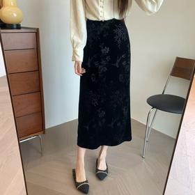 喜鹊竹叶直筒微A显瘦知性优雅丝绒半裙