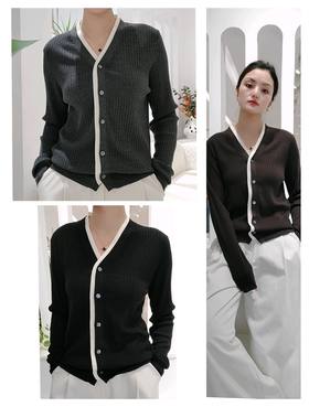 580868福利款 V领拼色含羊毛针织衫，黑灰 咖