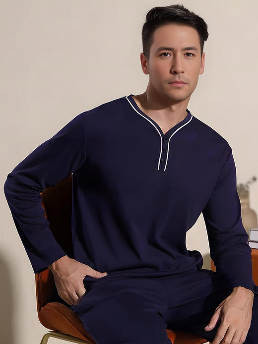 【纵享丝滑】男士60S莫代尔混纺酒杯领男士长袖套装 休闲家居服睡衣睡裤 商品图1