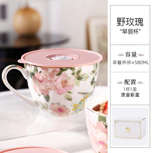 nosin诺轩早餐杯子燕麦杯陶瓷泡麦片田园风大容量马克杯带盖水杯诺轩骨瓷野玫瑰早餐杯 商品图0