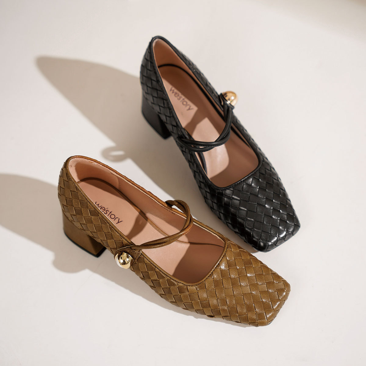 Westory2025年春季方头中跟牛皮编制玛丽珍通勤百搭老钱风浅口单鞋S25AE57861