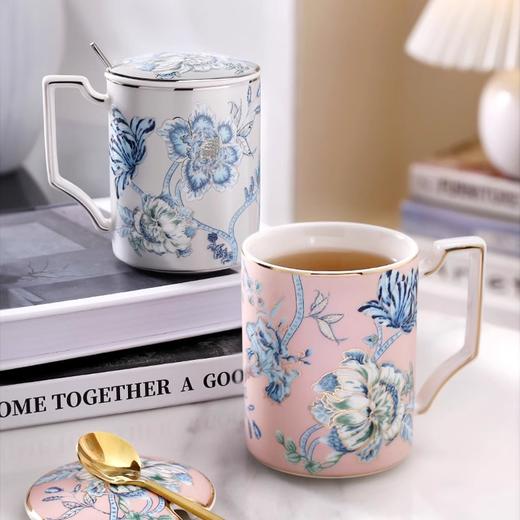 nosin诺轩中式复古水墨丹青牡丹陶瓷马克杯子带盖个性女水杯家用诺轩水墨丹青马克杯铂金灰 商品图1