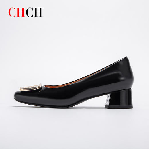 CHCH平衡鞋2025春夏新款牛漆皮粗跟女浅口单鞋不累脚CP1B5131 商品图3