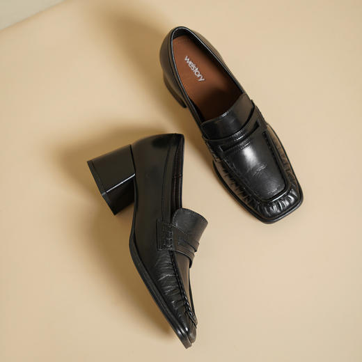 Westory2025年春季植鞣羊皮方头粗跟中跟乐福通勤百搭深口单鞋W25AM59191 商品图4