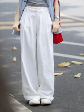 【百图lulu定制】【慵懒白裤】棉麻混纺 腰部捏褶 阔腿裤 休闲裤