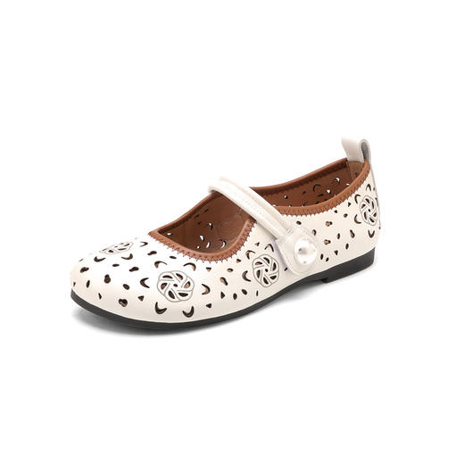 Westory2025年春季牛皮雕花镂空圆头平跟软底玛丽珍浅口单鞋S25AH58991 商品图1