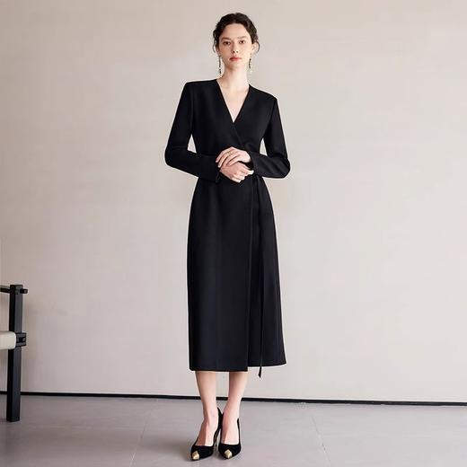 IWY/冷淡系别致裙子深V领连衣裙职业装中长款系带西装小黑长裙礼服 Q1248 商品图4