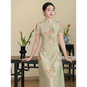 浅色荷花奥黛旗袍2025新款夏季年轻款日常改良民国风复古旗袍裙LBS3402