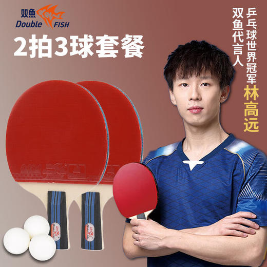 积分免费兑：双鱼乒乓球拍直拍双拍套装 初学者兵兵球拍2只装附3球 商品图1