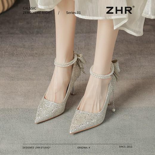 ZHR则则银色水钻一字扣高跟鞋8.5CM水晶鞋婚鞋尖头气质细跟伴娘鞋 商品图6
