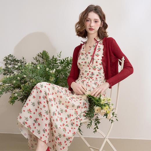 西遇薄款针织开衫女夏季新款木耳边红色短款外搭空调衫上衣D0050484 商品图3