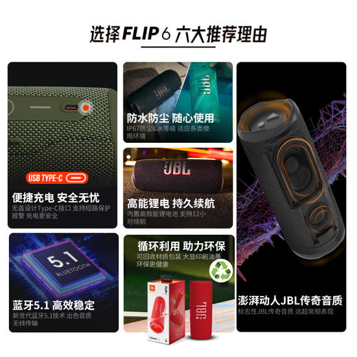 JBL_FLIP6_音乐万花筒六代__flip5升级款_便携蓝牙音箱__桌面音响_独立高音单元_礼物音响_庆典红 商品图1