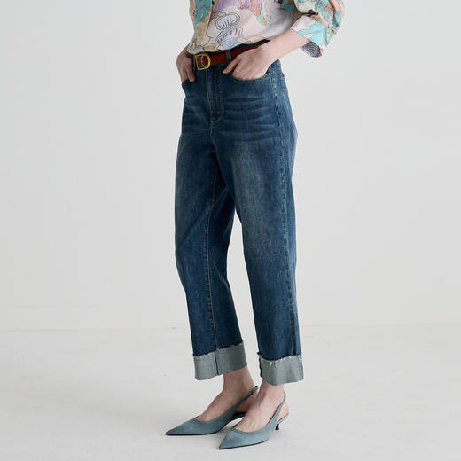 谜底牛仔裤女2025夏新品百搭卷边裤脚撞色法棍裤九分裤252MK0533 商品图1