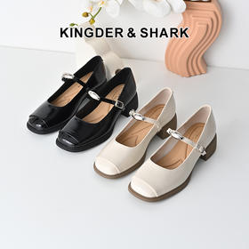 经典鲨2025年春季新品复古方头一字带舒适中粗跟气质单鞋女KW89-517011