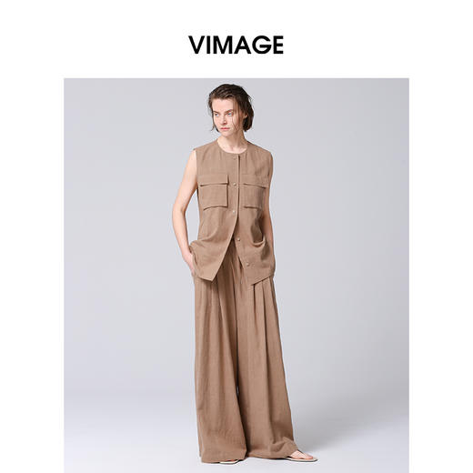 VIMAGE纬漫纪工装风卡其色圆领宽松无袖背心马甲上衣夏季新款V2313954 商品图3