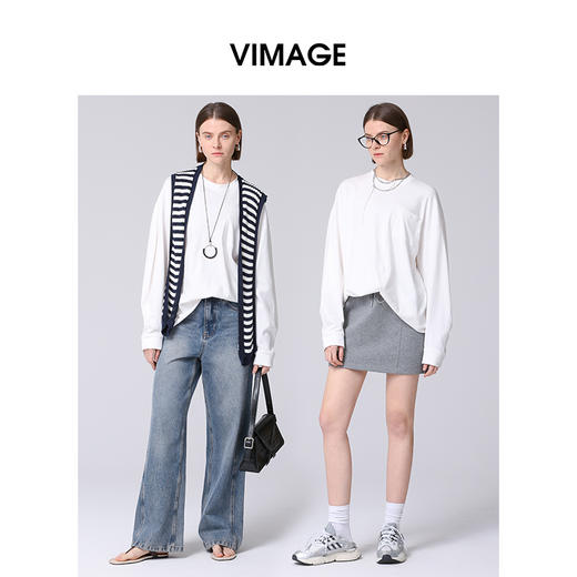 VIMAGE纬漫纪白色纯棉落肩宽松休闲长袖女上衣T恤2025春季新款V2302916 商品图1