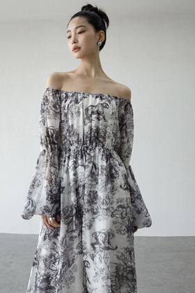 L.Fleuri 晕染印花一字领连衣裙 17905