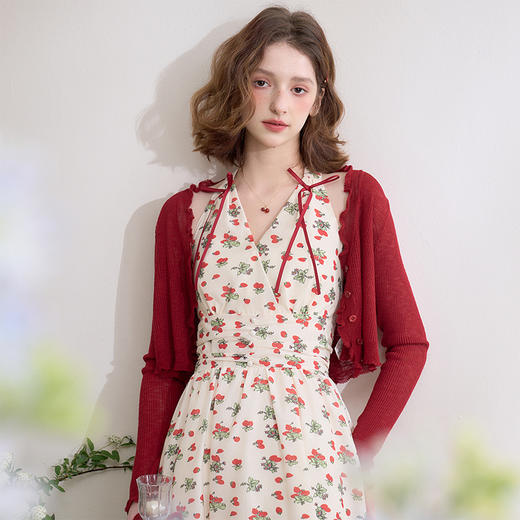 西遇薄款针织开衫女夏季新款木耳边红色短款外搭空调衫上衣D0050484 商品图4