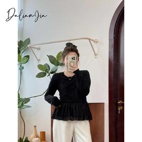 2025新品  佳佳同款【奶盐宅女】假两件甜美花边小上衣长袖t显瘦高腰时尚气质