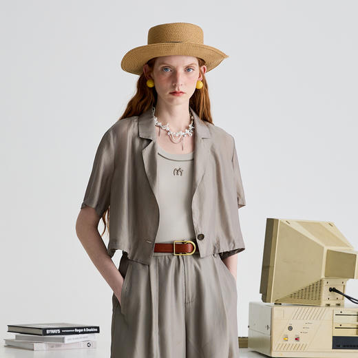 谜底外套短袖女2025夏季新品复古风通勤宽松H型短外套252MW0588 商品图0