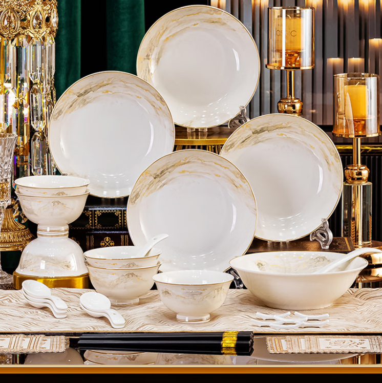 积分免费兑：万享餐具整套碗碟陶瓷套装家用碗筷盘碟子组合日照金山36件套6人食