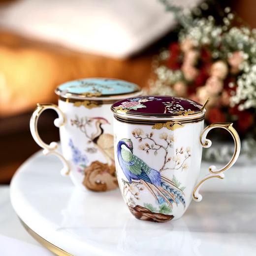 百鸟朝凤陶瓷马克杯带盖勺创意个性潮流杯子女水杯男家用中式诺轩百鸟朝凤马克杯百鸟娜蓝礼盒装【不支持补差，非质量问题不退不换】S 商品图3