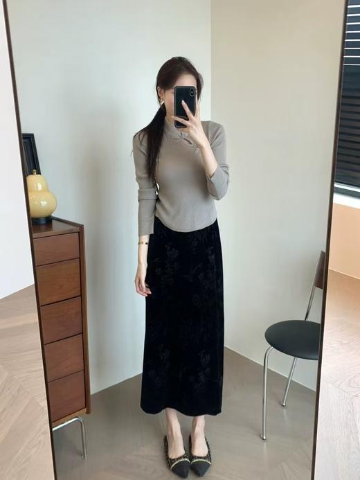 喜鹊竹叶直筒微A显瘦知性优雅丝绒半裙 商品图6