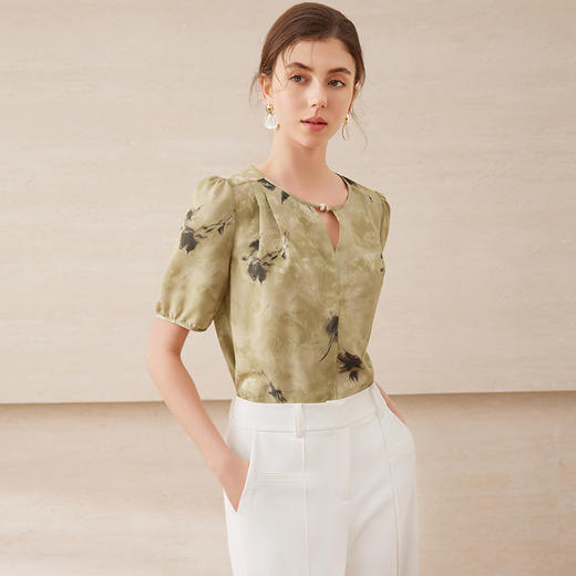 【中式印花直筒小上衣】EITIE爱特爱气质圆领舒适百搭2025夏新款B2513604 商品图1