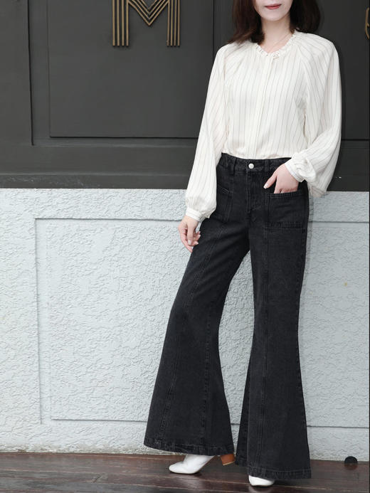 TYNVIE 水洗接缝喇叭牛仔裤 - 黑色 商品图12