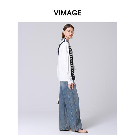 VIMAGE纬漫纪白色纯棉落肩宽松休闲长袖女上衣T恤2025春季新款V2302916 商品图5