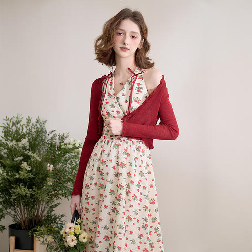 西遇薄款针织开衫女夏季新款木耳边红色短款外搭空调衫上衣D0050484 商品图0