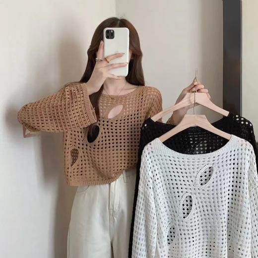 【镂空针织衫】春季新款 外穿罩衫 设计感小众破洞 宽松长袖短款上衣女  商品图0