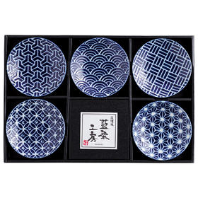 日本进口西庵窑蓝染工房江户小纹碟子套装