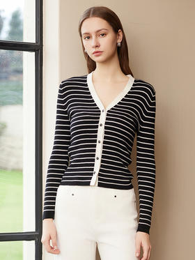 【V领条纹针织开衫】25年春夏新品女士棉质坑条纹修身撞色针织外套