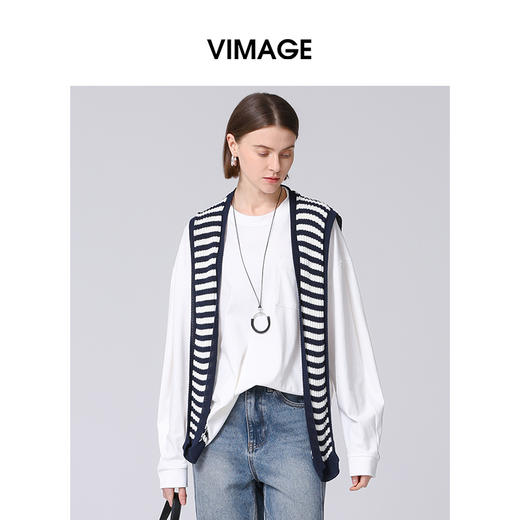 VIMAGE纬漫纪白色纯棉落肩宽松休闲长袖女上衣T恤2025春季新款V2302916 商品图4