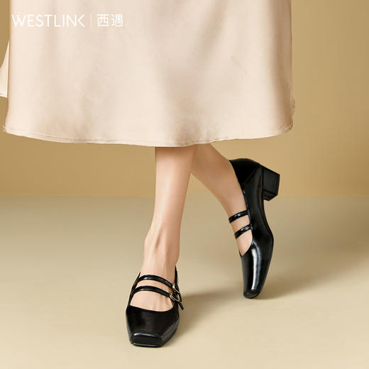 西遇粗跟玛丽珍鞋女新款春夏芭蕾法式小皮鞋方头黑色中跟单鞋V0556488 商品图2