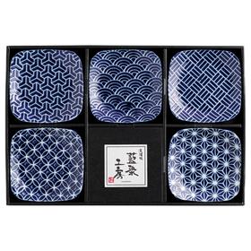 日本进口西庵窑蓝染工房江户小纹方形碟子套装