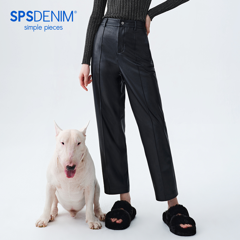 simplepiece休闲裤女PU皮质挺缝直筒裤