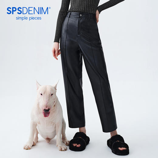 simplepiece休闲裤女PU皮质挺缝直筒裤 商品图0