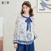 两三事 素描世界 2025春季新款小清新印花拼色绑带领雪纺衫女宽松 商品缩略图0