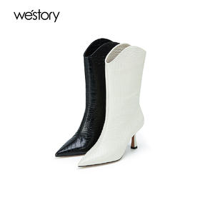 westory2023年秋季新品鳄鱼纹牛皮时装靴尖头高跟长靴女W23DC83691