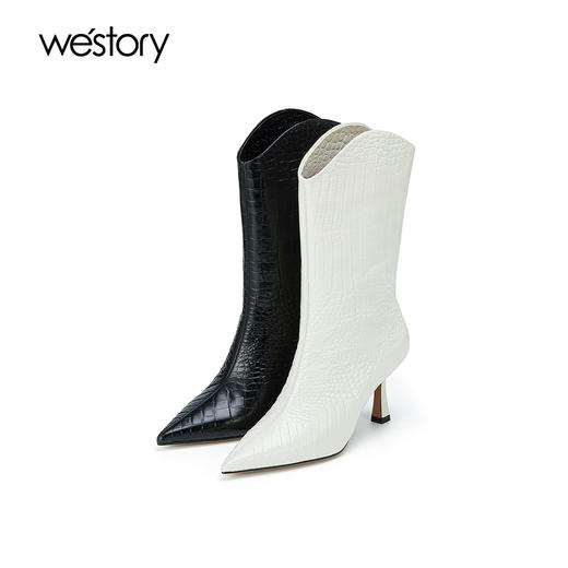 westory2023年秋季新品鳄鱼纹牛皮时装靴尖头高跟长靴女W23DC83691 商品图0
