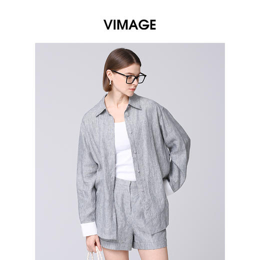 VIMAGE纬漫纪智性风亚麻宽松质感灰色百搭衬衫外套春季新款V2309918 商品图3
