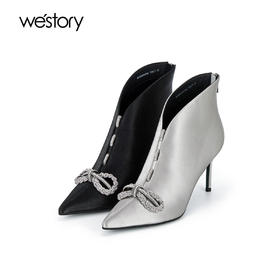 westory2023秋季新品真皮尖头细跟短靴v斜切时尚百搭时装靴W23DS83001