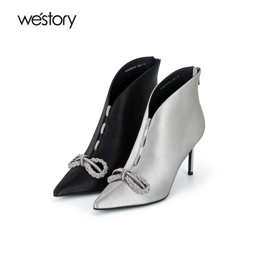 westory2023秋季新品真皮尖头细跟短靴v斜切时尚百搭时装靴W23DS83001 商品图0