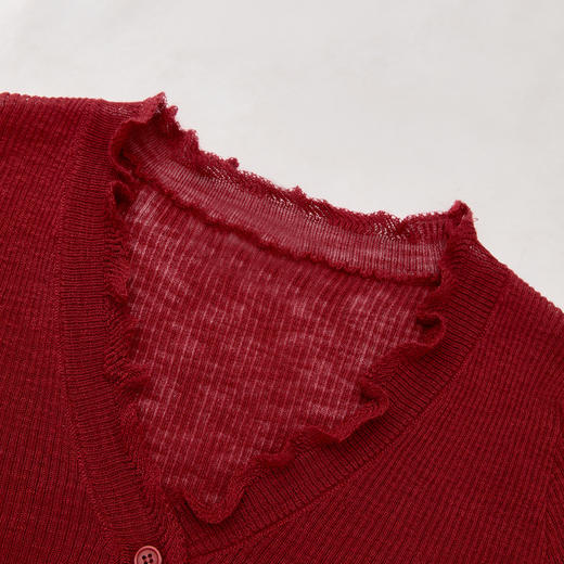 西遇薄款针织开衫女夏季新款木耳边红色短款外搭空调衫上衣D0050484 商品图5