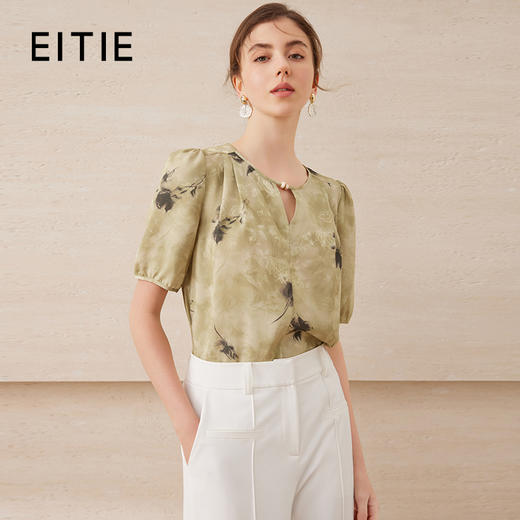 【中式印花直筒小上衣】EITIE爱特爱气质圆领舒适百搭2025夏新款B2513604 商品图0