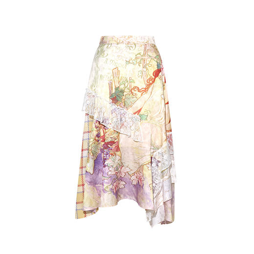 两三事 卜梦阁 2025春季新款复古蕾丝拼接拼布印花不规则半身裙 商品图4