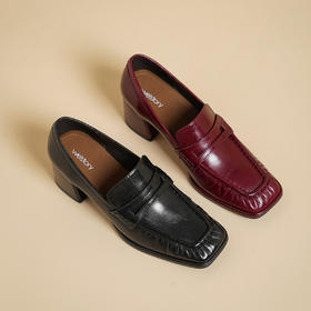 Westory2025年春季植鞣羊皮方头粗跟中跟乐福通勤百搭深口单鞋W25AM59191